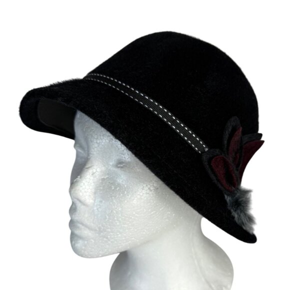 Womens Bowler Black Felt Hat Whitework Embroidery Dome Floral Pom Winter Casual - Picture 8 of 9